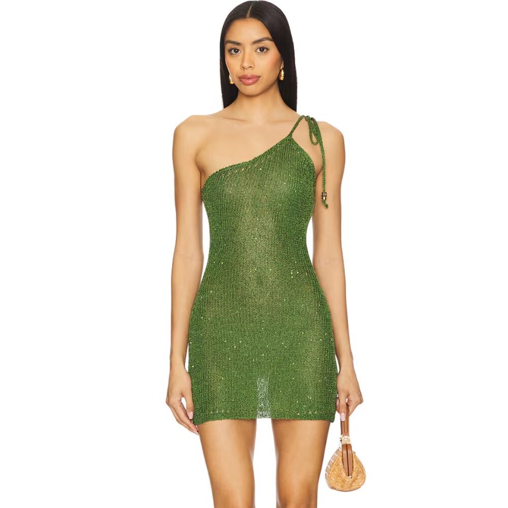 NEW Bananhot Eliza Mini Dress in Glitter Jungle Green Sheer Knit One Shoulder XS